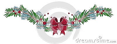 Merry Christmas and Happy new Year decorations with ribbon, bow, christmas tree branches. Vector Illustration