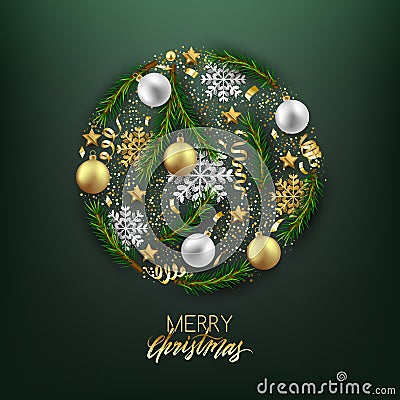 Merry Christmas Happy New Year decorative postcard, baubles and Vector Illustration