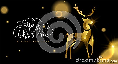 Christmas and New Year 3d gold reindeer card Vector Illustration