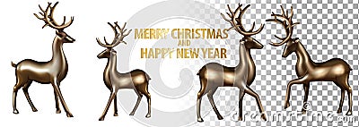 Merry Christmas Happy New Year deer greeting card illustration, realistic 3d solid gold reindeer on white background with festive Cartoon Illustration