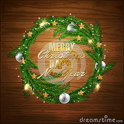Merry Christmas Happy New Year fir tree wreath with decorative balls, vector illustration Vector Illustration