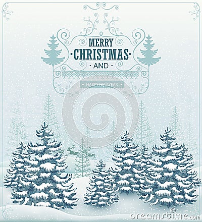 Merry Christmas and Happy New Year forest winter landscape with snowfall and spruces vintage vector Vector Illustration