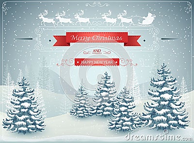 Merry Christmas and Happy New Year forest winter landscape with snowfall vector Vector Illustration