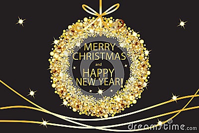 Merry christmas and happy new year glowing gold wreath background Vector Illustration