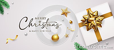 Merry Christmas and happy new year gold bow ribbon gift box banners design Vector Illustration