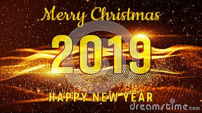 Merry Christmas and Happy New Year 2019 Gold color. Best for new year event, for greetings card, flyers, invitation, posters, Stock Photo