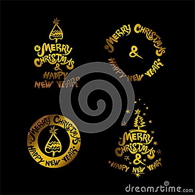 Merry Christmas & Happy New Year! Gold holiday labels on a black background a set of four templates. Christmas tree and stars. Stock Photo