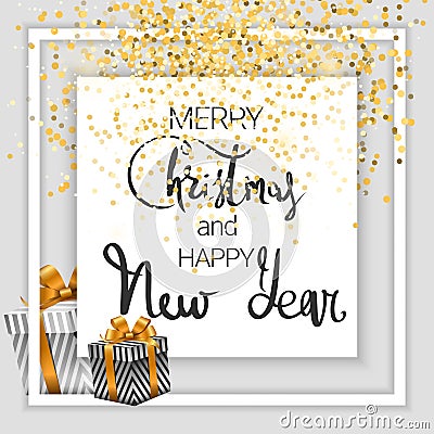 Merry Christmas and Happy New Year. Gold Vector Illustration