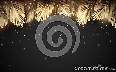 Merry Christmas and Happy New Year. Gold sparkling luxury Christmas tree Branches Vector Illustration