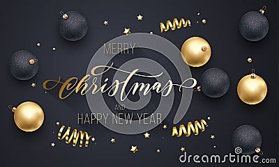 Merry Christmas and Happy New Year golden decoration, hand drawn gold calligraphy font for greeting card black background. Vector Vector Illustration