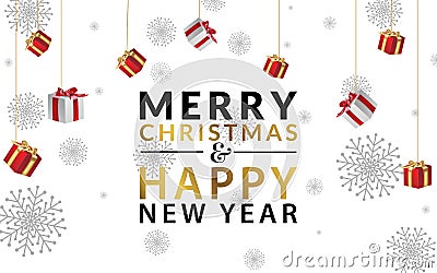 Merry Christmas and Happy New Year with a golden gradient. Around the text beautiful dark snowflakes. Hanging from above are white Cartoon Illustration