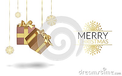 Merry Christmas and Happy New Year with a golden gradient. Around the text beautiful golden snowflakes. Near wiast gifts tied with Stock Photo