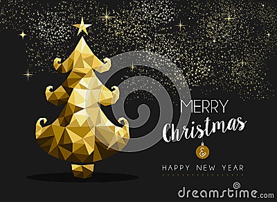 Merry christmas happy new year golden pine tree low poly Vector Illustration