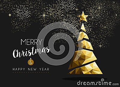 Merry christmas happy new year golden triangle tree Vector Illustration