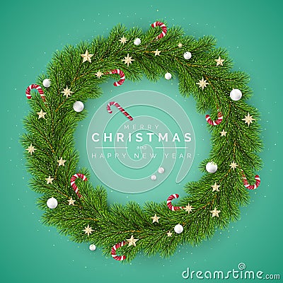 Merry Christmas and Happy New Year Greating Card. Christmas Tree Wreath Decorated with Christmas balls and Candy Canes. Holiday Vector Illustration
