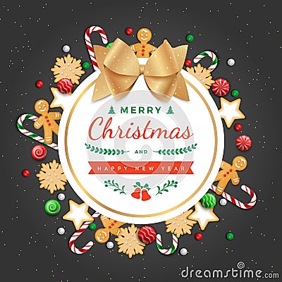 Merry Christmas and Happy New Year Greeting Background Card with traditional sweets, cookies, candy cane, gingerbread man and gold Vector Illustration