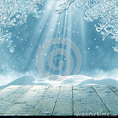 Merry christmas and happy new year greeting background with table Stock Photo