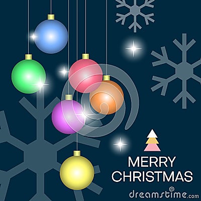Merry Christmas and happy new year greeting card with Christmas ornaments balls. Vector Illustration