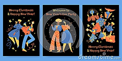 Merry Christmas and Happy New Year greeting card collection, New Year party invitation with funny characters dancing and drinking Vector Illustration