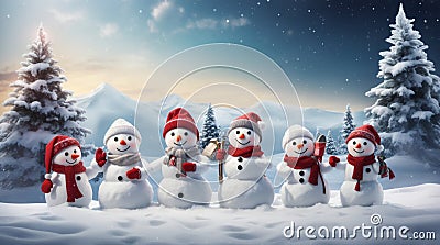 Merry Christmas and happy New Year greeting card with copy-space.Many snowmen standing in winter Christmas landscape Stock Photo