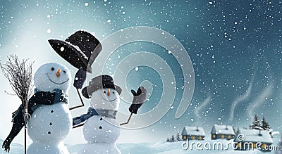 Two snowmen standing in winter Christmas landscape. Stock Photo