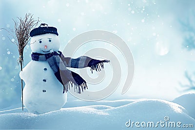 Merry christmas and happy new year greeting card with copy-space.Happy snowman standing in winter christmas Stock Photo