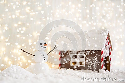 Merry christmas and happy new year greeting card with copy-space.Happy snowman standing in winter christmas landscape.Snow backgro Stock Photo