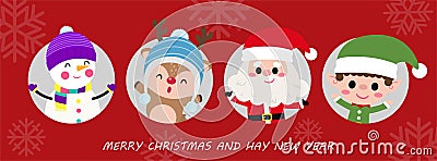 Merry Christmas and happy new year greeting card with cute Santa Claus, snowman, little elf and deer. Holiday cartoon character Vector Illustration