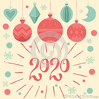 2020 Merry Christmas and Happy new year! Greeting card with Christmas decorations and hand lettering type Vector Illustration