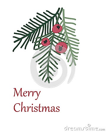 Merry Christmas and Happy New Year greeting card design. Taxus baccata tree branches with red berries and fir twigs Vector Illustration