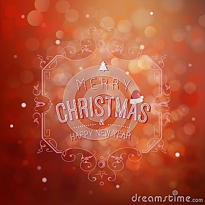 Merry Christmas and Happy New Year greeting card festive inscription with ornamental elements on bokeh vintage background, vector Vector Illustration