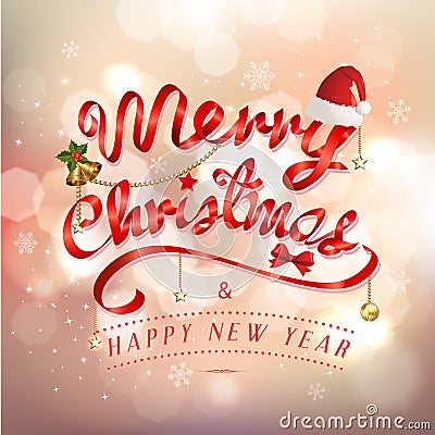 Merry Christmas and Happy New Year greeting card festive inscription with ornamental elements on bokeh vintage background Vector Illustration