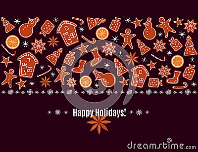 Merry Christmas and Happy New Year greeting card with gingerbread cookies, orange, sparkles and snowflakes border isolated on brow Cartoon Illustration