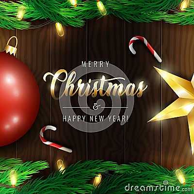 Merry Christmas and Happy New Year greeting card with gold Christmas lettering and festive elements such as Christmas tree decorat Stock Photo