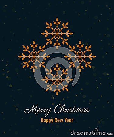 Merry Christmas Happy New Year greeting card with golden snowflakes and text on dark blue isolated background Stock Photo