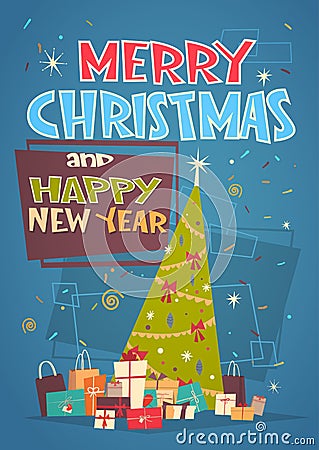 Merry Christmas And Happy New Year Greeting Card With Green Holiday Tree And Gifts Vector Illustration