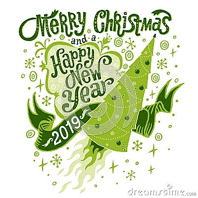 Merry Christmas and Happy New Year 2019 Greeting card Vector Illustration