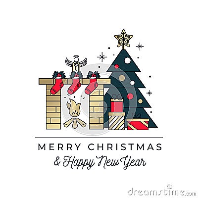 Merry Christmas and happy New Year greeting card with linear Christmas tree, presents and fireplace. Minimalistic greeting card Vector Illustration