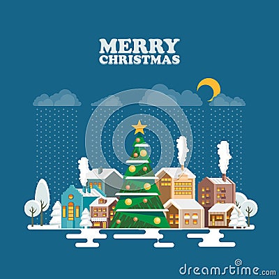 Merry Christmas and a Happy New Year greeting card in modern flat design. Snowy landscape on blue background Stock Photo