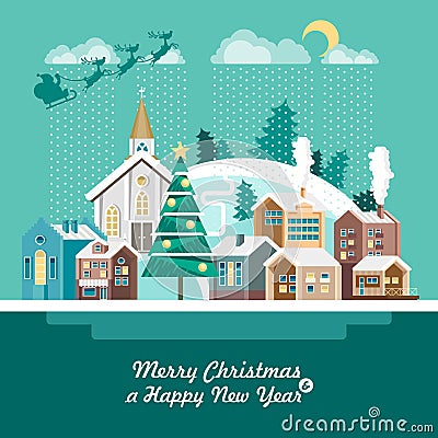 Merry Christmas and a Happy New Year greeting card in modern flat design. Snowy village Stock Photo