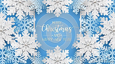 Merry christmas and happy new year greeting card, postcard with snowflake on blue background Stock Photo