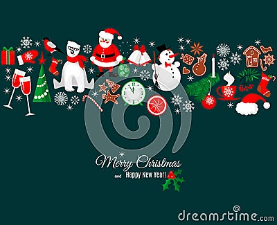 Merry Christmas and Happy New Year greeting card in retro style Vector Illustration