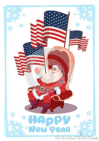 Merry Christmas And Happy New Year Greeting Card With Santa Claus Sitting Hold Usa Flag Winter Holidays Banner Concept Vector Illustration