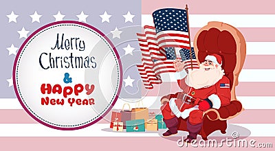 Merry Christmas And Happy New Year Greeting Card With Santa Claus Sitting Hold Usa Flag Winter Holidays Banner Concept Vector Illustration