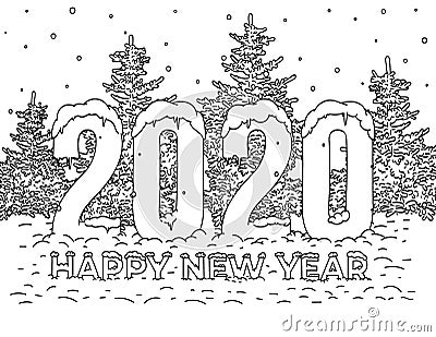 Merry Christmas and Happy New Year 2020 greeting card. Sign symbol 2020. Decoration New Year`s holly. Xmas Black and White drawin Cartoon Illustration