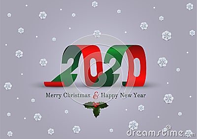 Merry Christmas and Happy New Year 2020 greeting card. Sign symbol 2020 spiral confetti. Decoration New Year`s holly. Xmas vector Cartoon Illustration