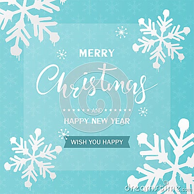 Merry Christmas and Happy New Year greeting card. Snowflakes with water drop design on light blue background. Vector Illustration