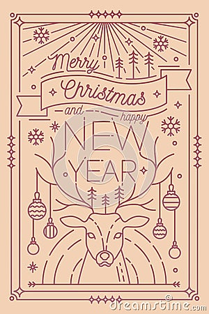 Merry Christmas and Happy New Year greeting card template with festive decorations - deer antlers decorated with baubles Vector Illustration