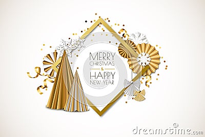 Merry Christmas, Happy New Year greeting card. Vector frame with golden paper stars, christmas tree, angels, snowflakes Vector Illustration