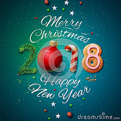 Merry Christmas and Happy New Year 2018 greeting card Vector Illustration